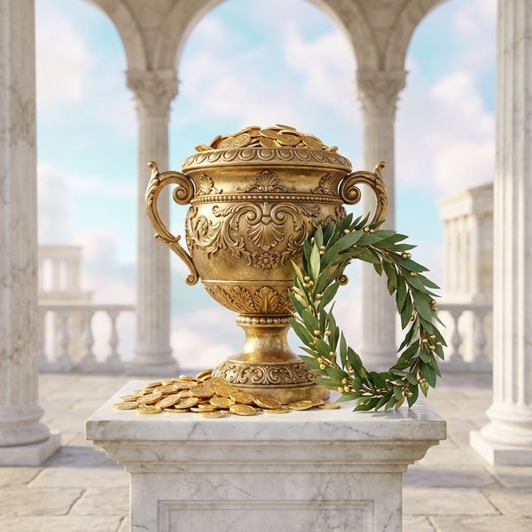 Golden treasure coins and ornate urn on marble pedestal