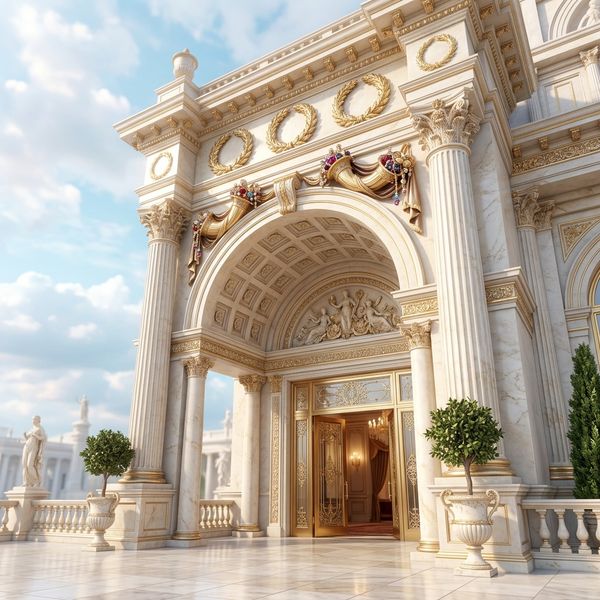 Grand casino entrance with marble columns and gold laurel wreaths