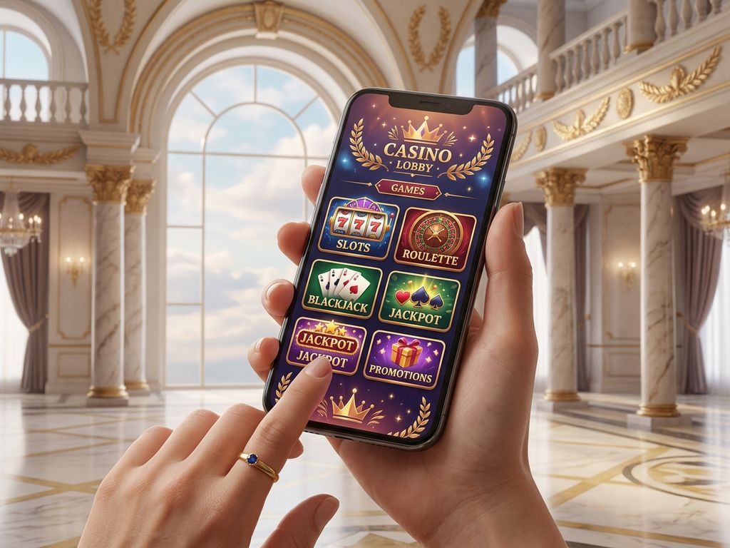 Smartphone displaying casino lobby with classical marble backdrop